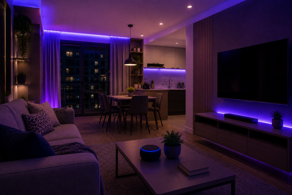 Apartamento moderno com iluminação inteligente automatizada pela Alexa