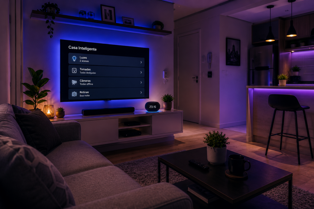 Sala moderna com automação residencial integrada à Alexa