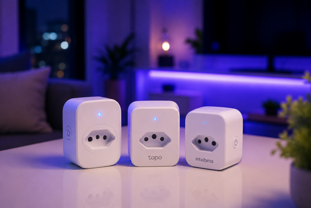 Comparação entre tomadas inteligentes compatíveis com Alexa em mesa moderna