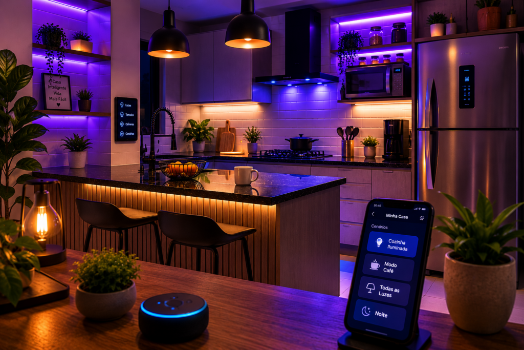 Cozinha inteligente moderna com iluminação azul e roxa suave e ambiente aconchegante