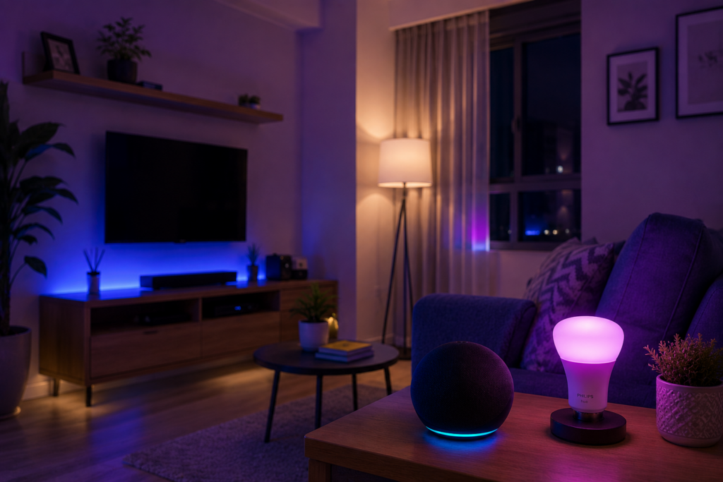 Echo Pop e lâmpada inteligente em sala moderna com iluminação azul e roxa