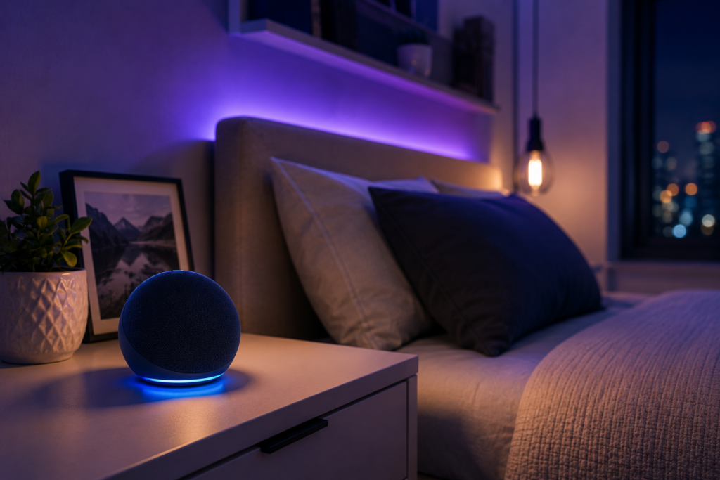 Echo Pop em quarto moderno com iluminação inteligente aconchegante