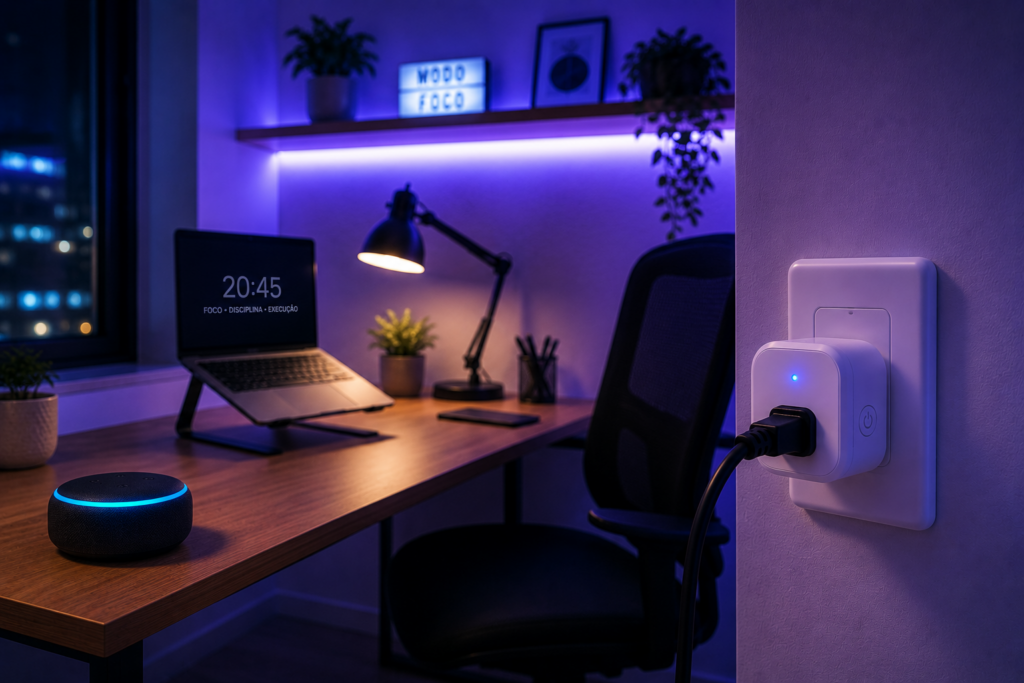 Home office moderno usando tomada inteligente compatível com Alexa
