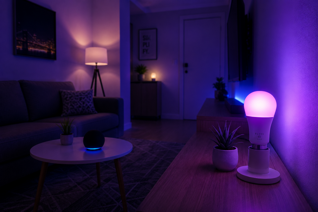 Lâmpada inteligente azul e roxa em sala moderna minimalista