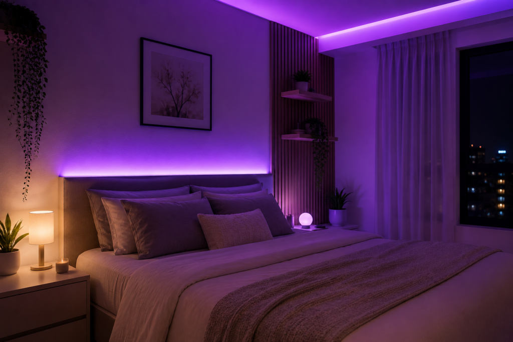 Quarto moderno minimalista com iluminação inteligente roxa suave e ambiente aconchegante