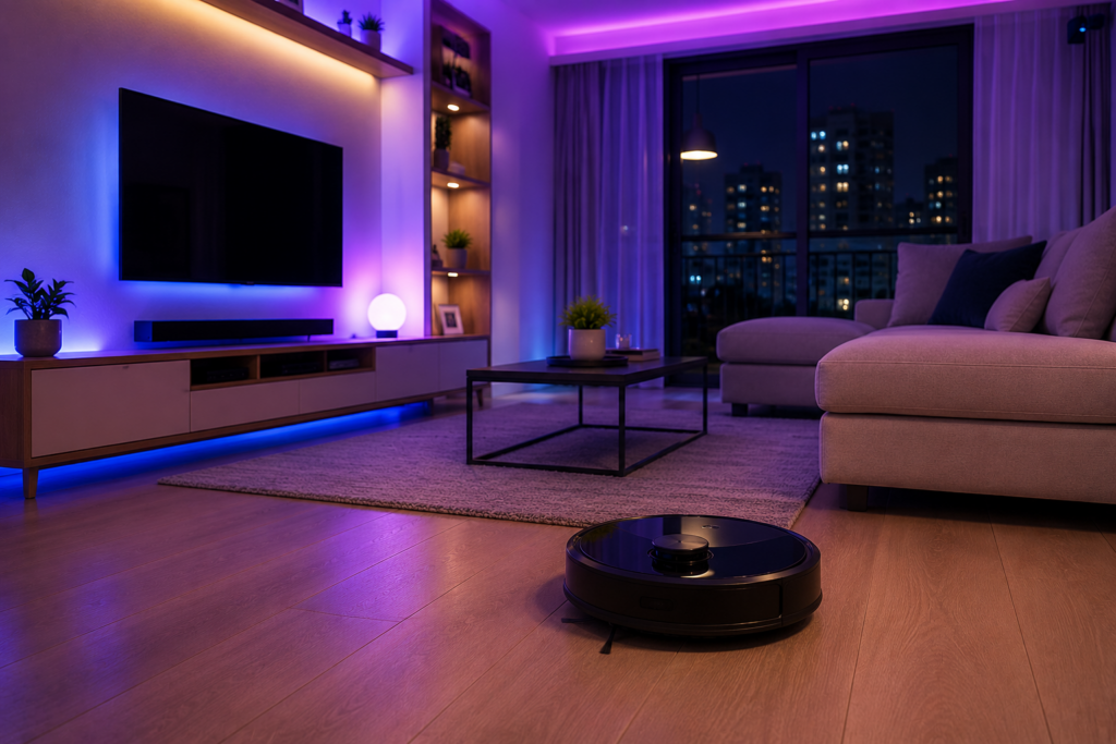 Robô aspirador funcionando em sala moderna minimalista com iluminação inteligente azul e roxa