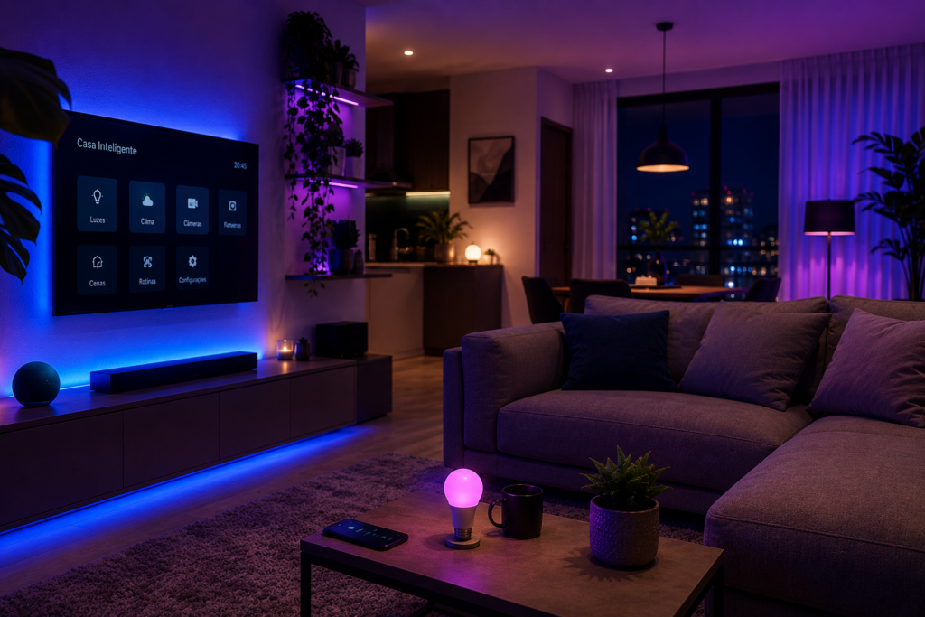 Sala moderna com iluminação inteligente azul e roxa integrada com Alexa