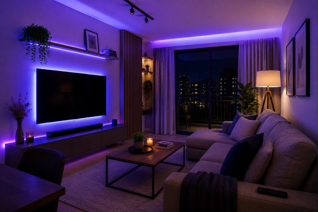 Sala moderna com iluminação inteligente automática em LED azul e roxo