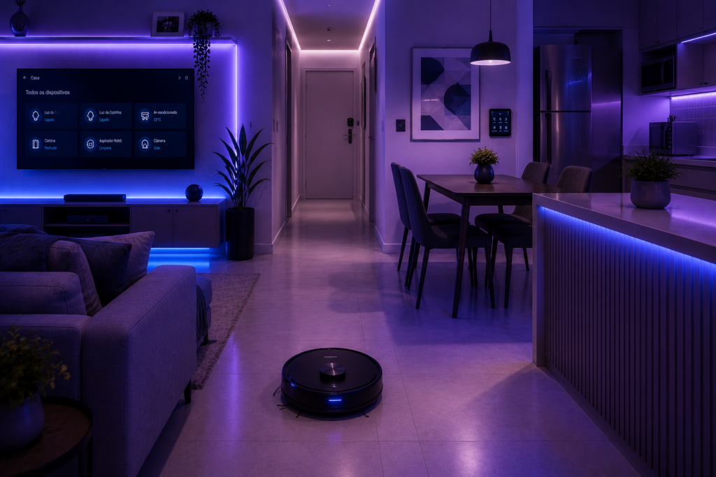 Apartamento moderno com robô aspirador e automação residencial integrada