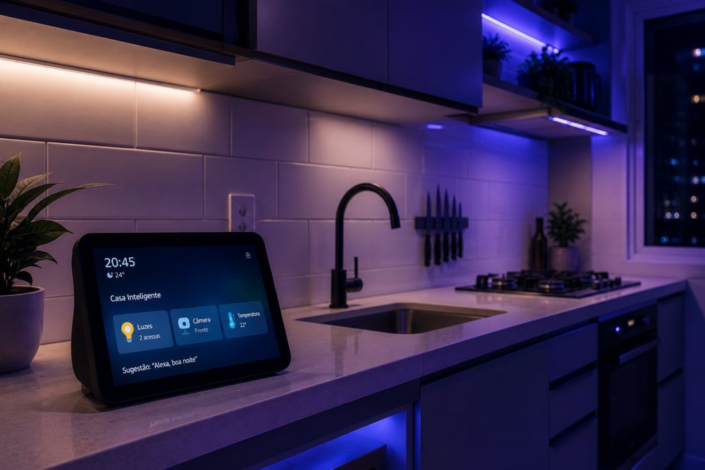 Echo Show em cozinha moderna com iluminação inteligente integrada