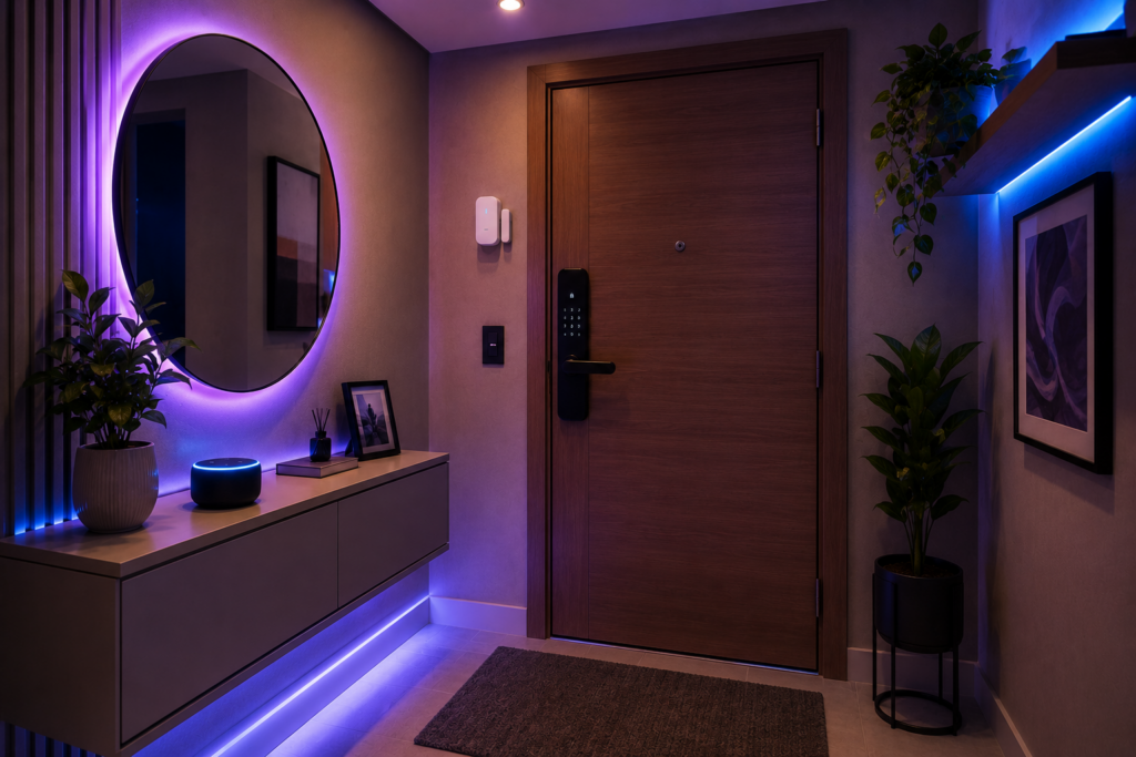 Sala moderna automatizada com câmera inteligente, sensor de presença e Alexa.