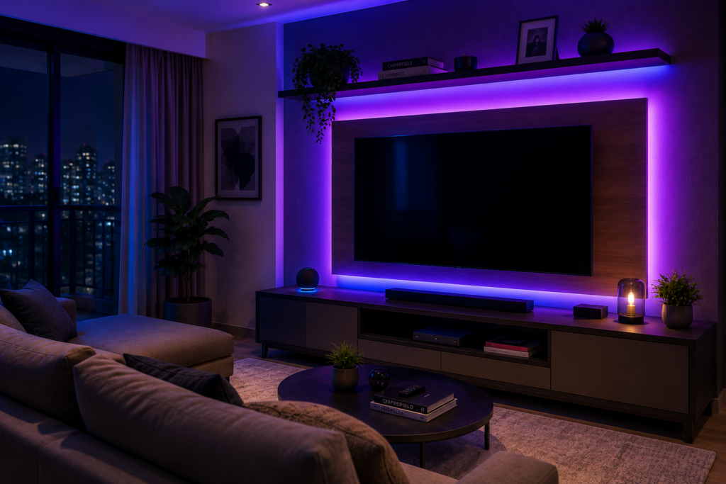 Sala moderna com fita LED inteligente instalada atrás do painel da televisão.
