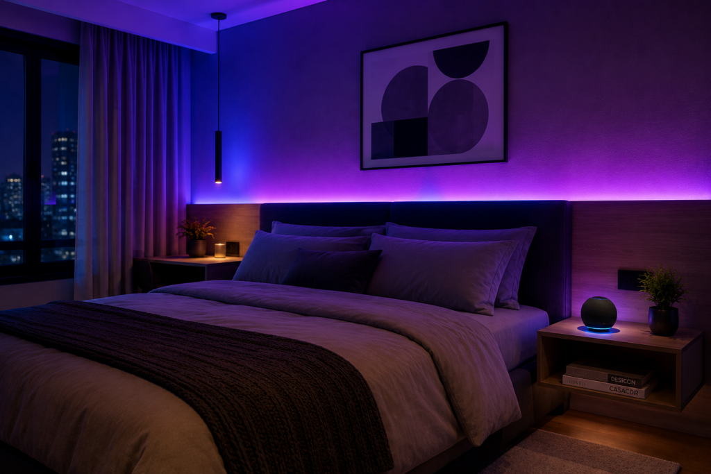 Quarto moderno com fita LED inteligente integrada à Alexa.