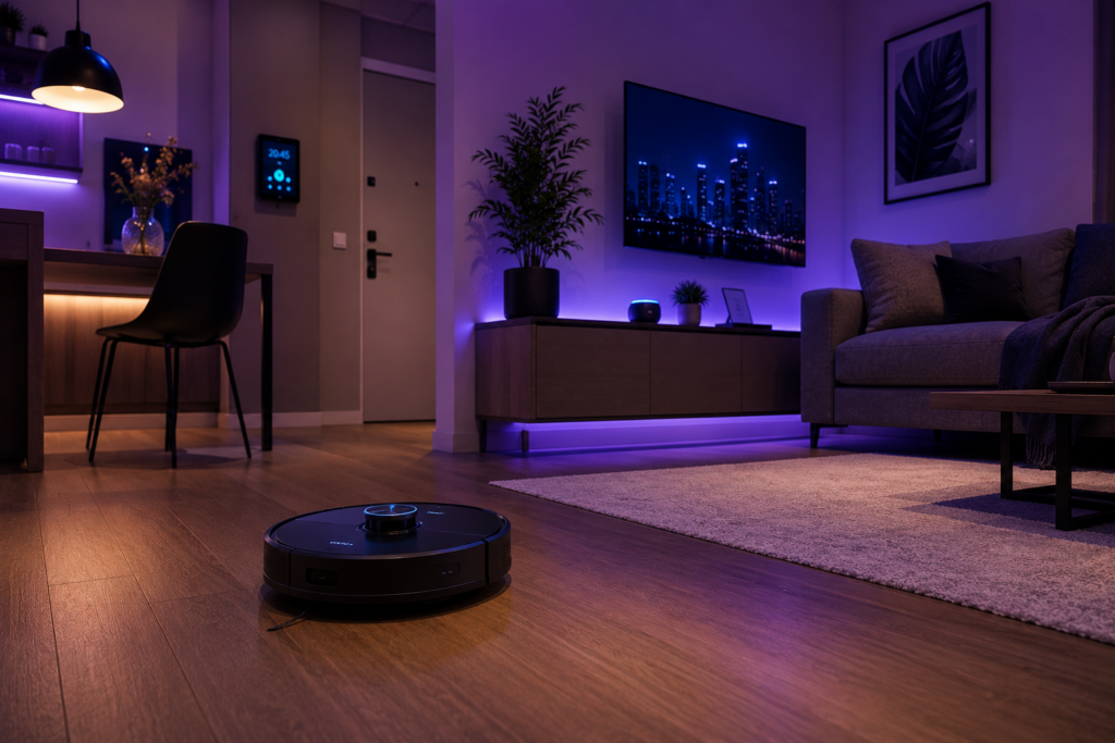 Robô aspirador funcionando em apartamento moderno com iluminação inteligente