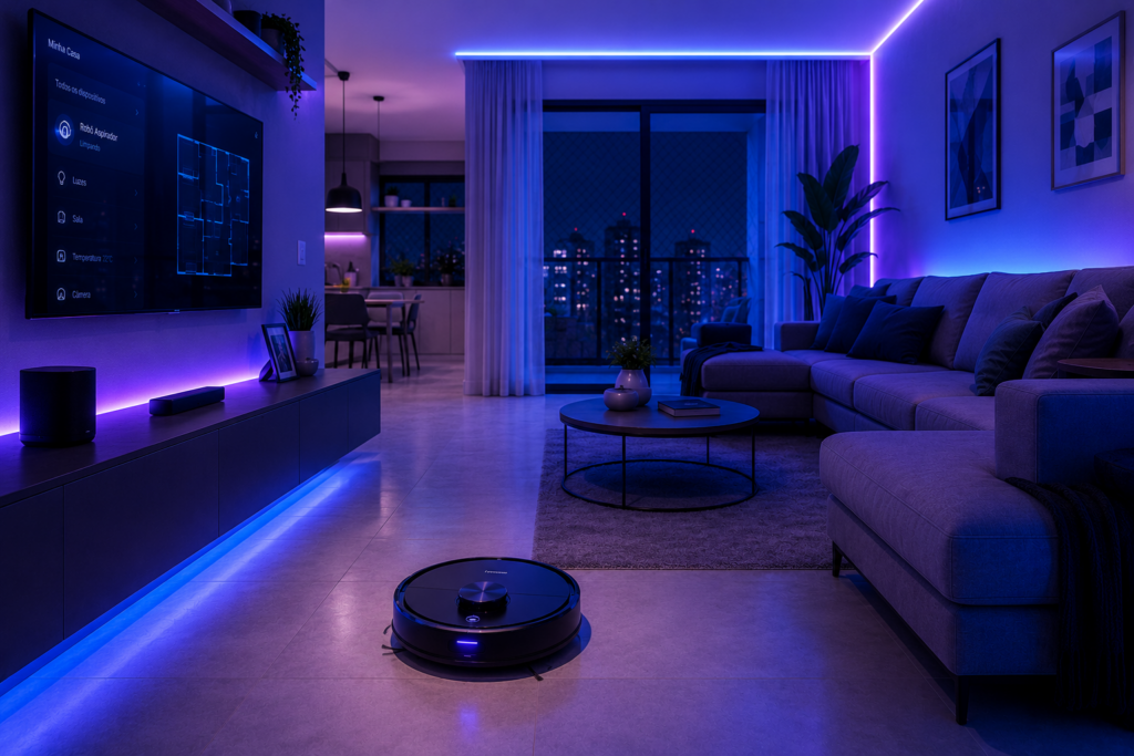 Robô aspirador limpando sala moderna com automação residencial