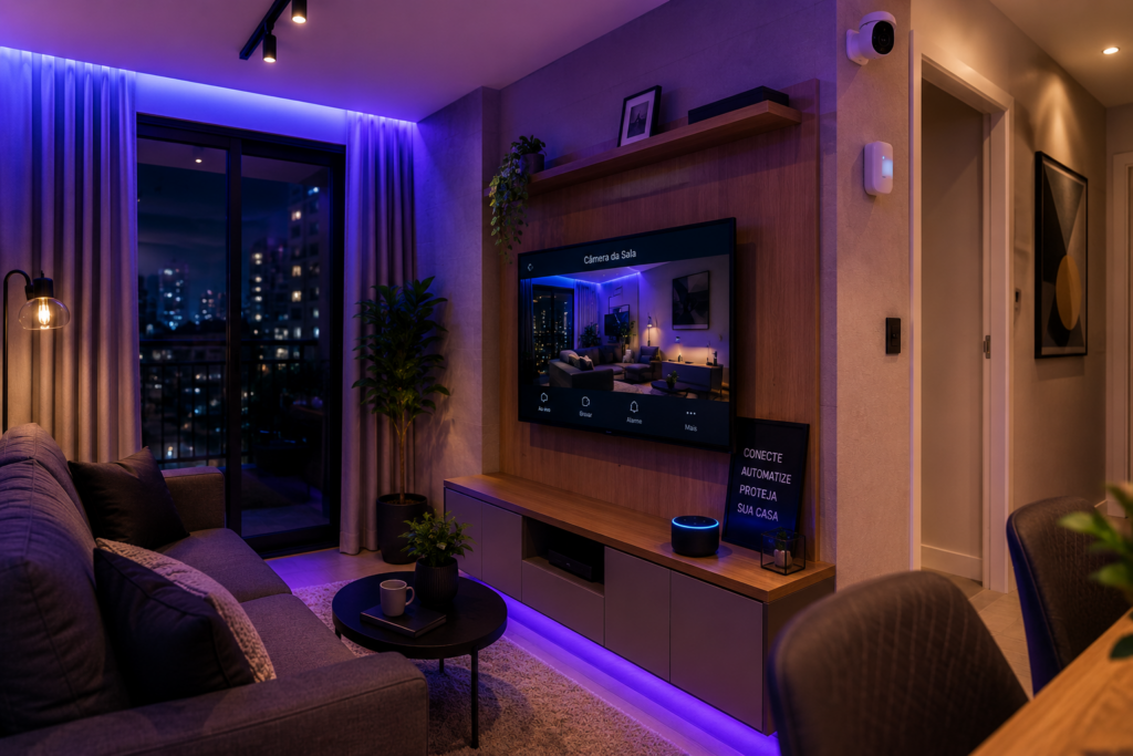 Sala moderna automatizada com câmera inteligente, sensor de presença e Alexa.