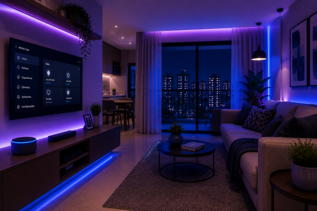 Sala moderna automatizada com Alexa e iluminação inteligente