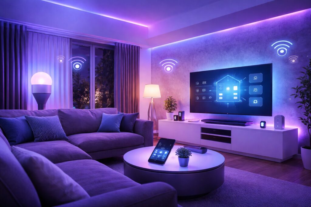 Sala de apartamento moderno com iluminação inteligente em LED controlada por automação residencial.