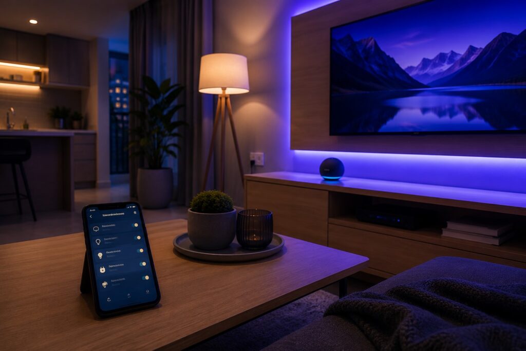 Aplicativo Alexa exibindo uma rotina inteligente configurada para controlar iluminação residencial.