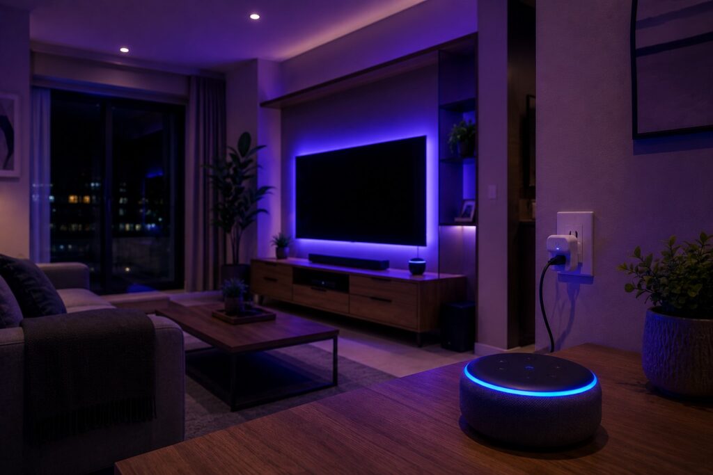 Echo Dot controlando uma tomada inteligente em uma sala de estar.