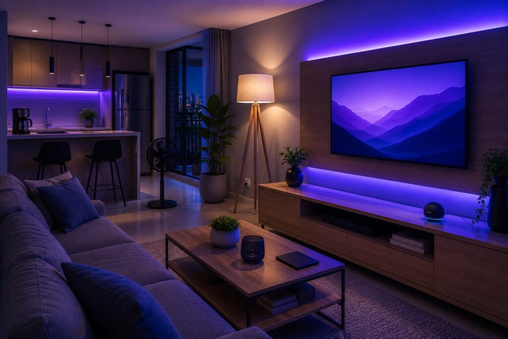 Casa inteligente com iluminação automatizada, Echo Dot e dispositivos funcionando em conjunto por meio de rotinas da Alexa.
