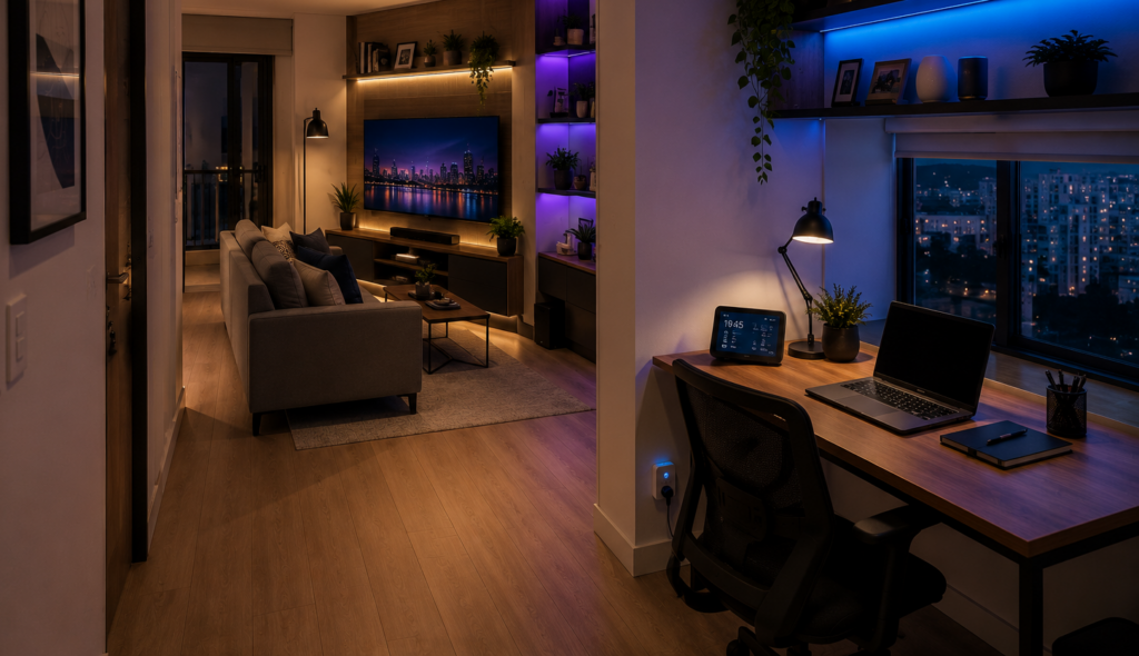 Home office integrado à sala com dispositivos inteligentes e iluminação automatizada.