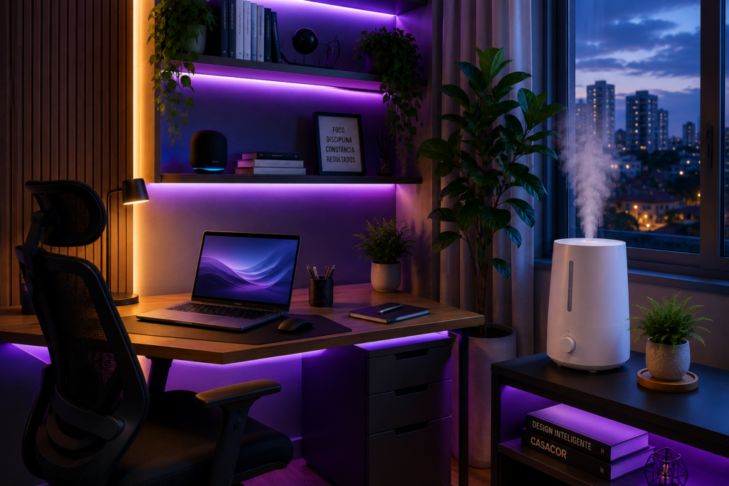 Home office moderno com umidificador de ar em funcionamento.