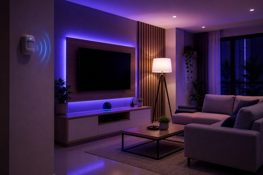 Hub Zigbee conectado a um sensor de movimento inteligente em uma sala moderna.