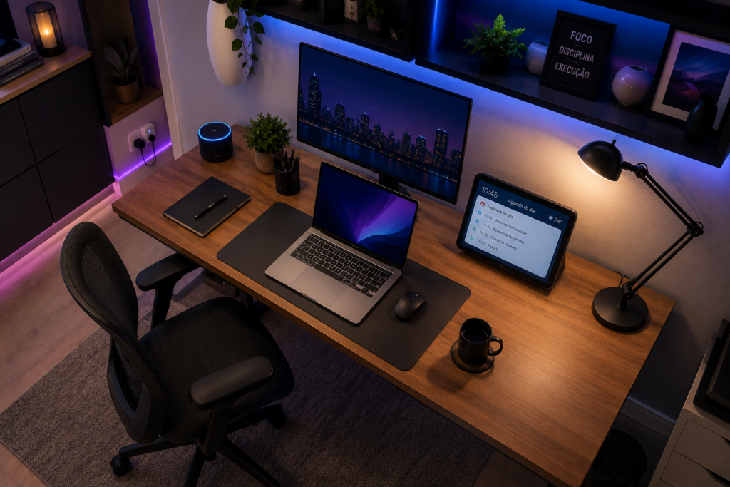 Mesa de home office automatizada com Alexa, Echo Show e iluminação inteligente.