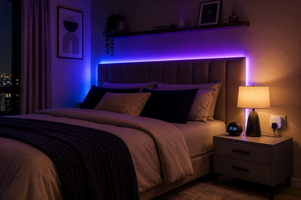 Quarto moderno com iluminação inteligente utilizando fita LED e automação com Alexa.