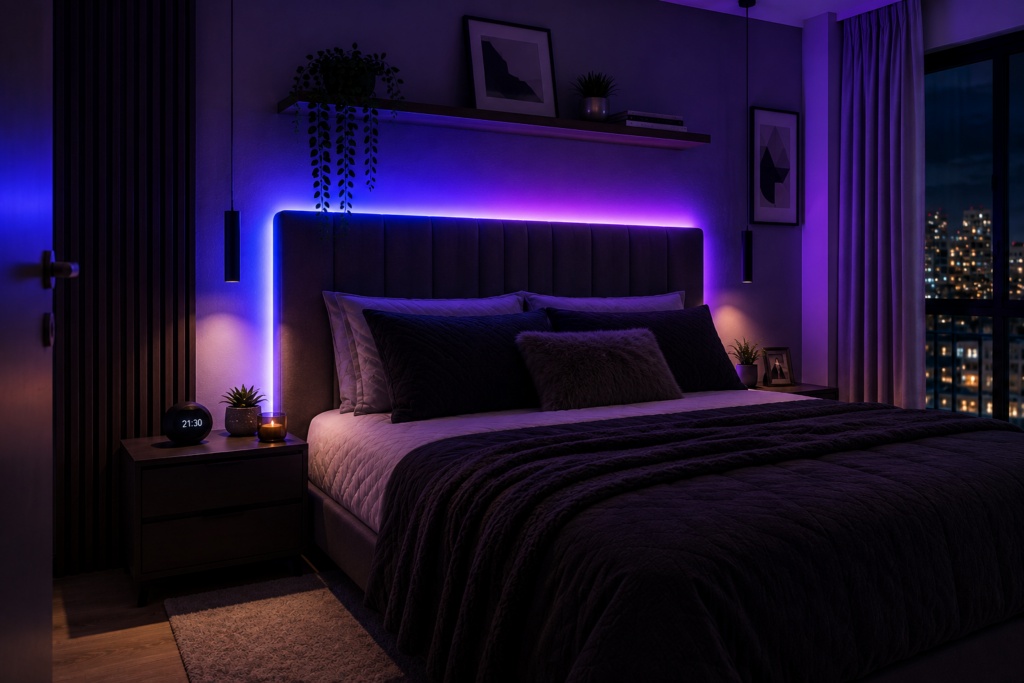 Quarto moderno utilizando fita LED inteligente integrada à Alexa.