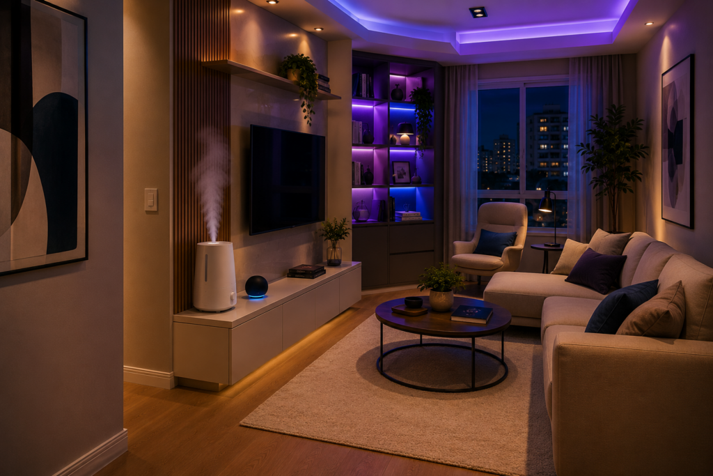 Sala moderna com umidificador integrado à decoração.