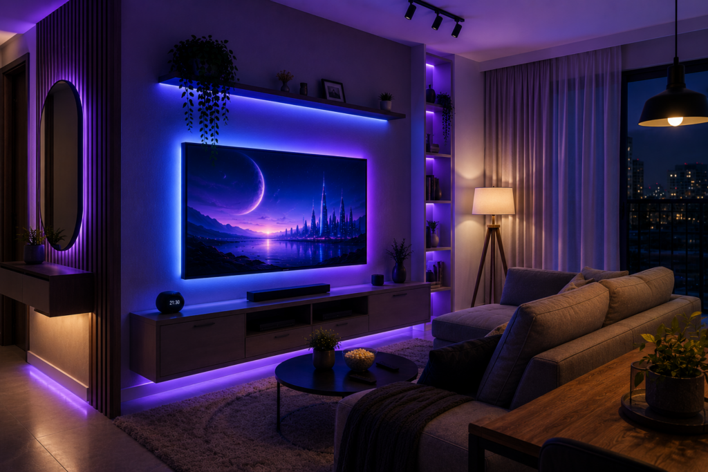 Sala moderna com fita LED inteligente criando iluminação indireta.