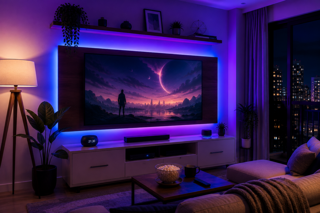 Sala moderna com iluminação inteligente para assistir filmes.