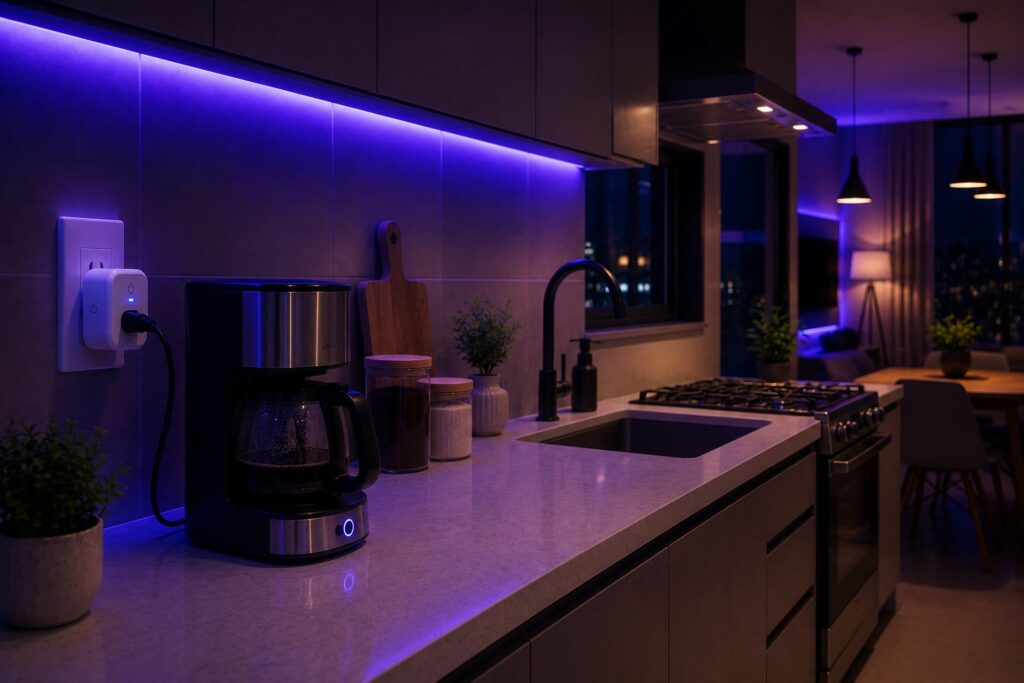 Tomada inteligente conectada a uma cafeteira em uma cozinha moderna.