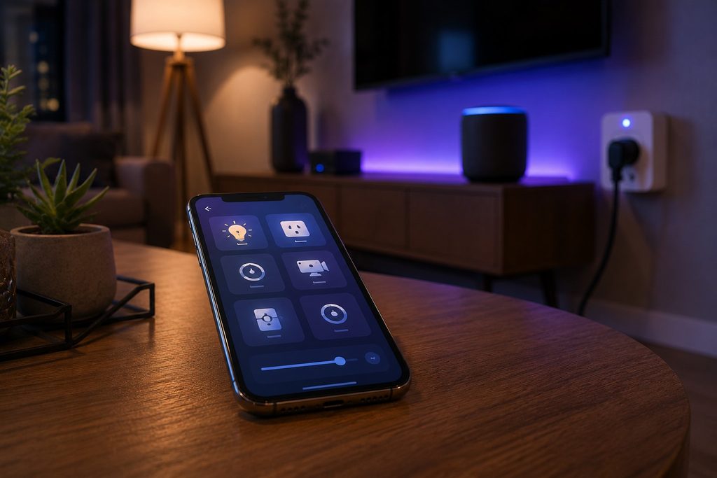 Smartphone usado para controlar lâmpadas, tomadas e outros dispositivos inteligentes em uma casa.
