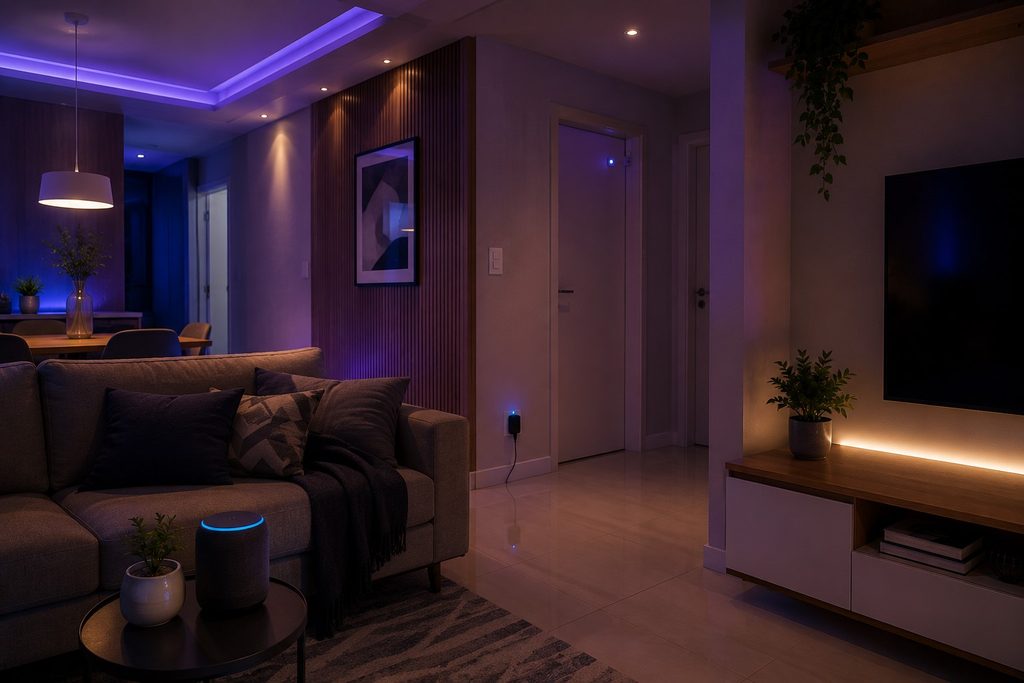Apartamento com dispositivos inteligentes integrados e organizados para facilitar o controle da casa.