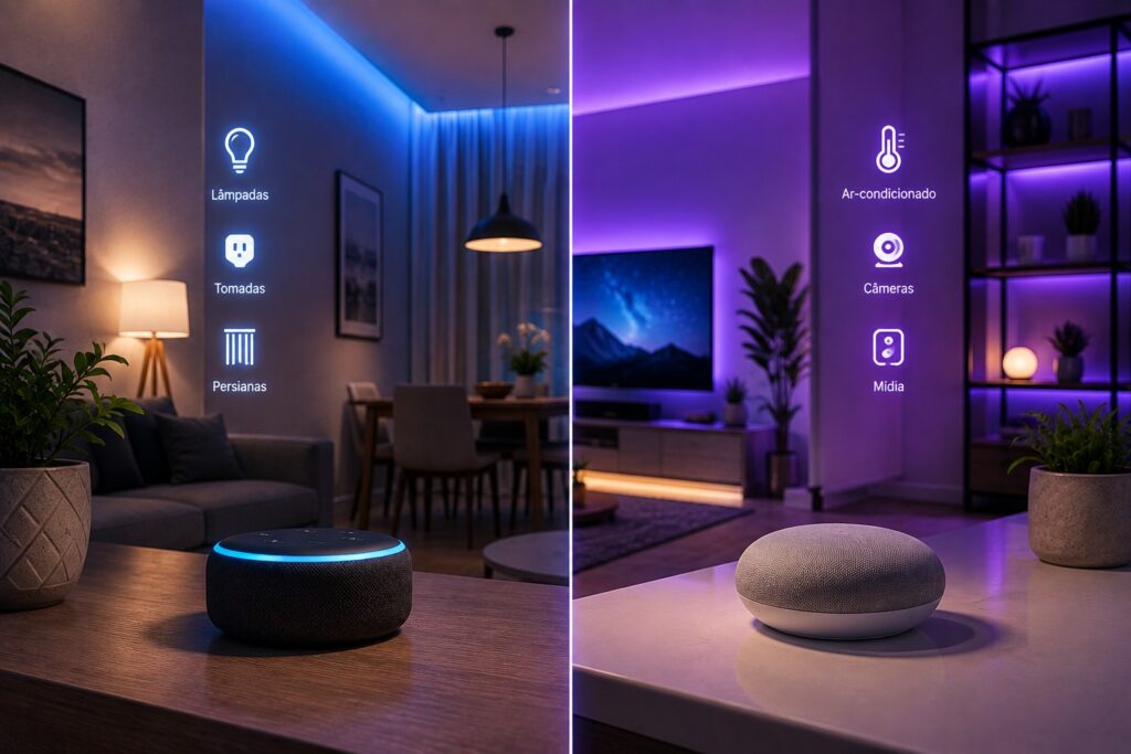Comparação entre Alexa e Google Home em uma casa inteligente.