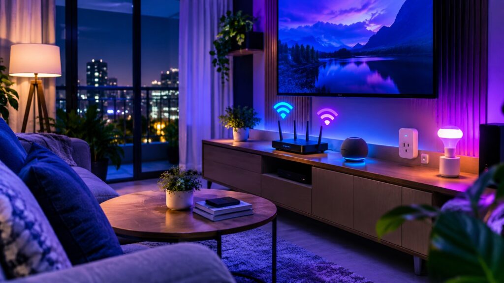 Dispositivos inteligentes conectados à rede Wi-Fi em uma casa inteligente