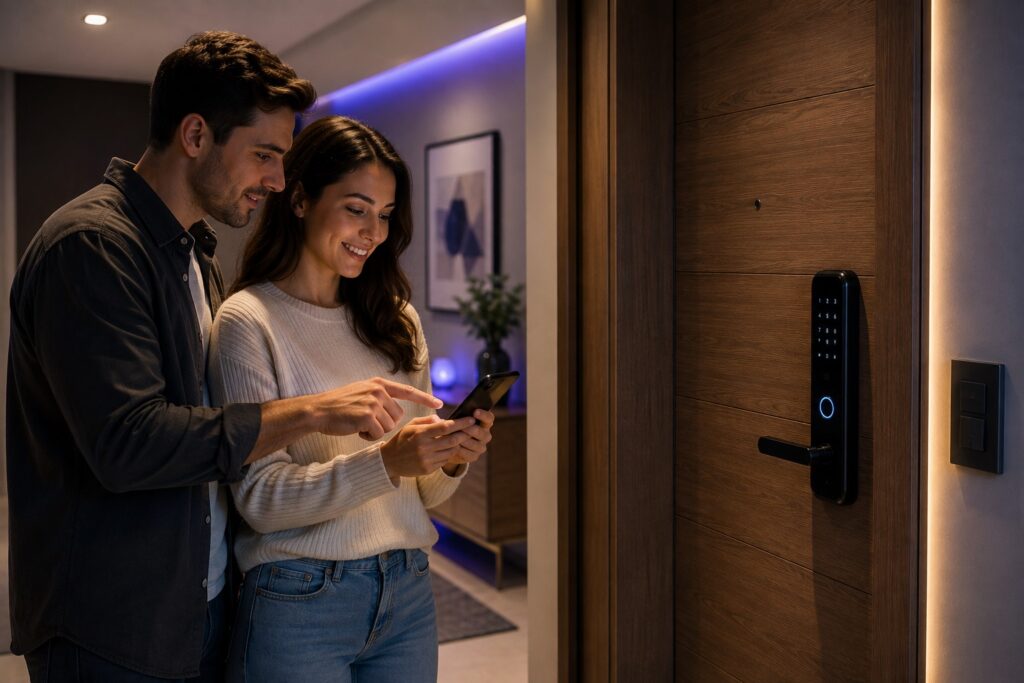 Casal configurando uma fechadura digital em um apartamento.