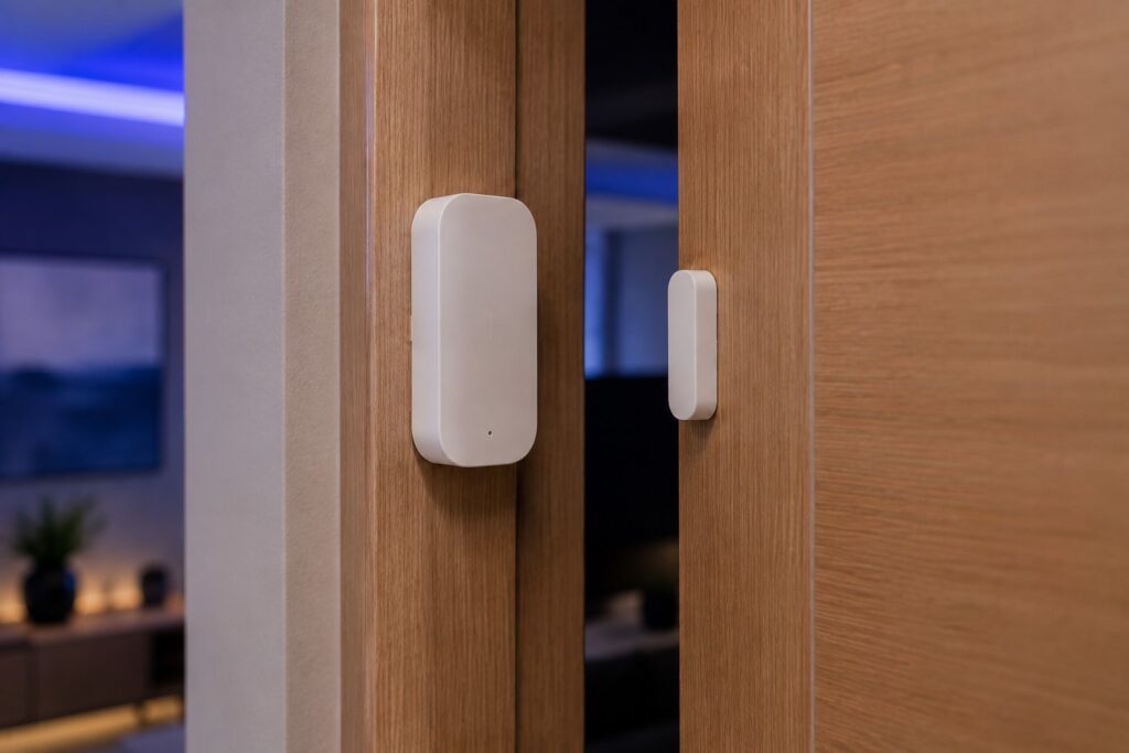 Sensor de abertura de porta inteligente instalado no batente e na porta
