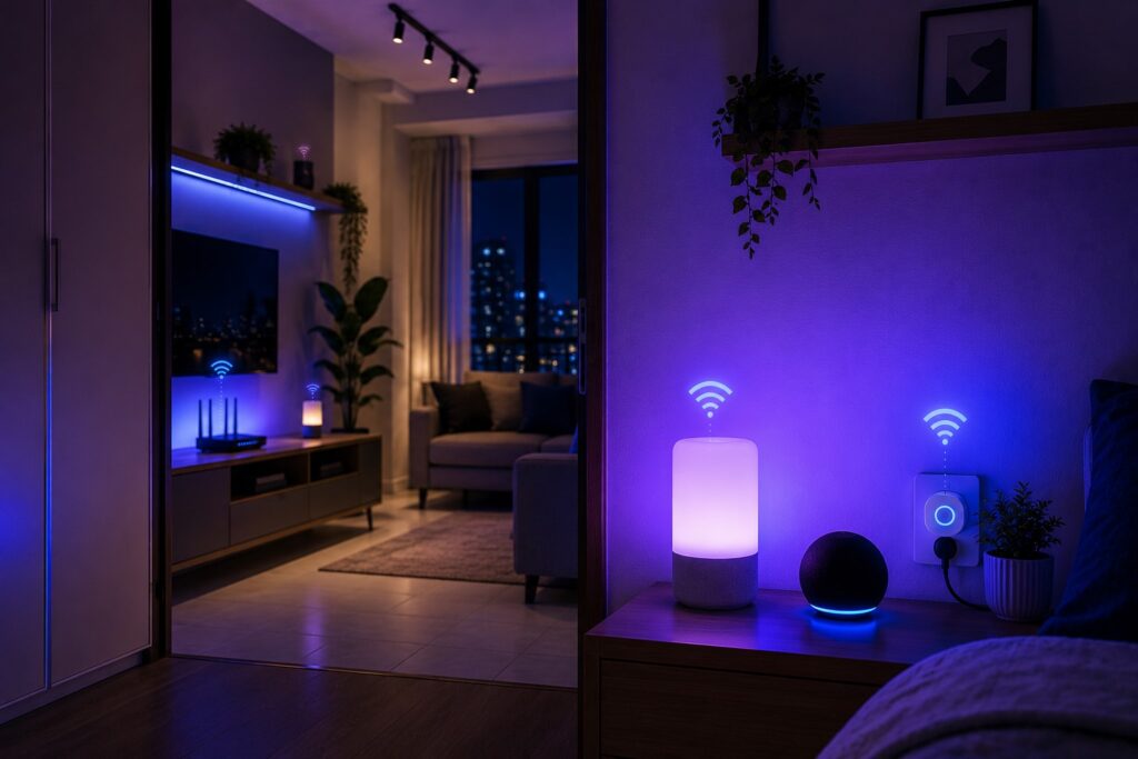 Dispositivos inteligentes conectados ao Wi-Fi 2,4 GHz em diferentes cômodos